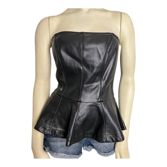 Black Pleather Strapless Bustier Peplum Y2K Shirt Top Trashy Club Goth 6 NWT - Picture 1 of 7